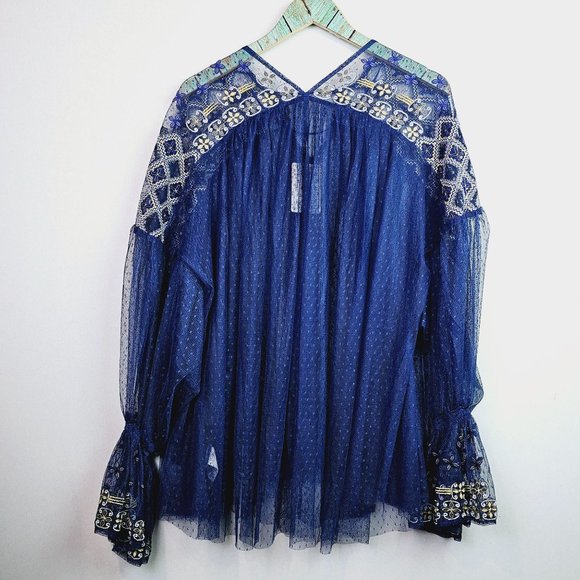Free People Blue Gold Joy Ride Sheer Embroidered Poet Sleeve Top, Sz M, NWT $148 - Picture 8 of 10